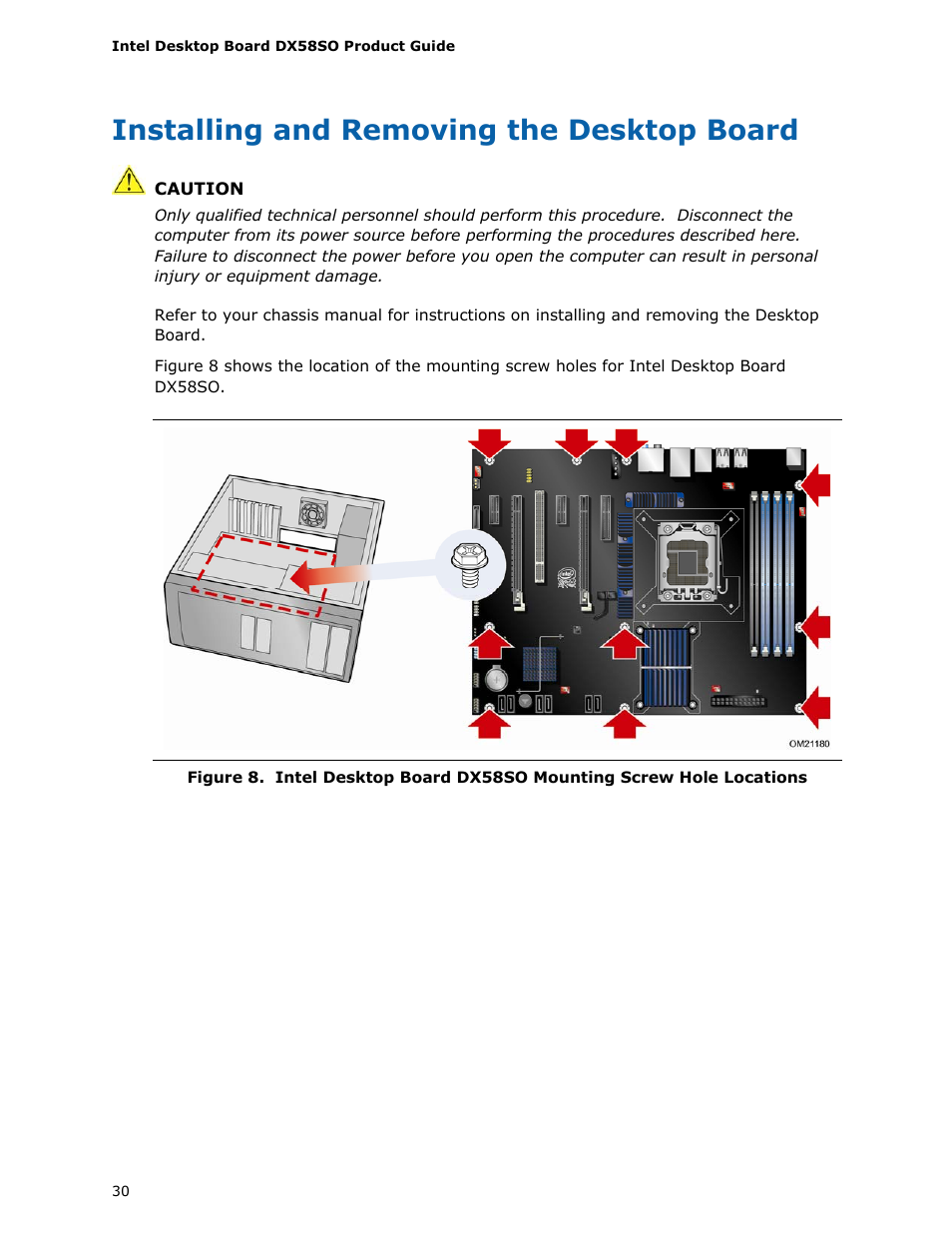 Installing and removing the desktop board | Intel DX58SO User Manual | Page 30 / 86