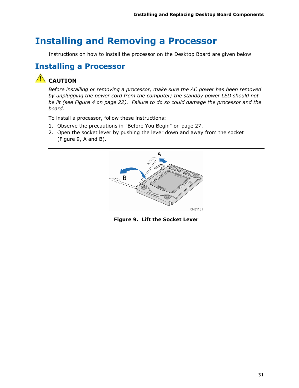 Installing and removing a processor, Installing a processor | Intel DX58SO User Manual | Page 31 / 86