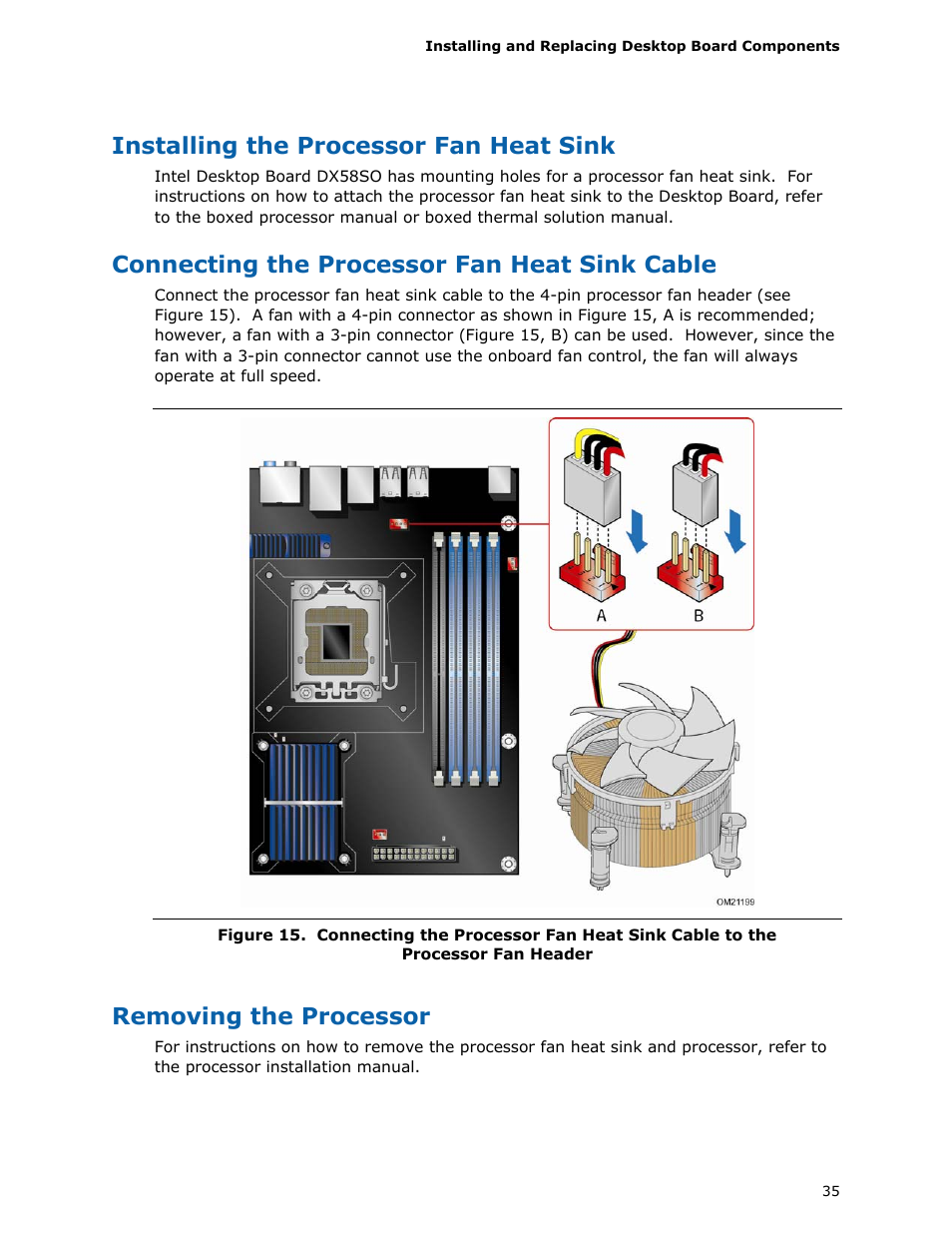 Installing the processor fan heat sink, Connecting the processor fan heat sink cable, Removing the processor | Intel DX58SO User Manual | Page 35 / 86