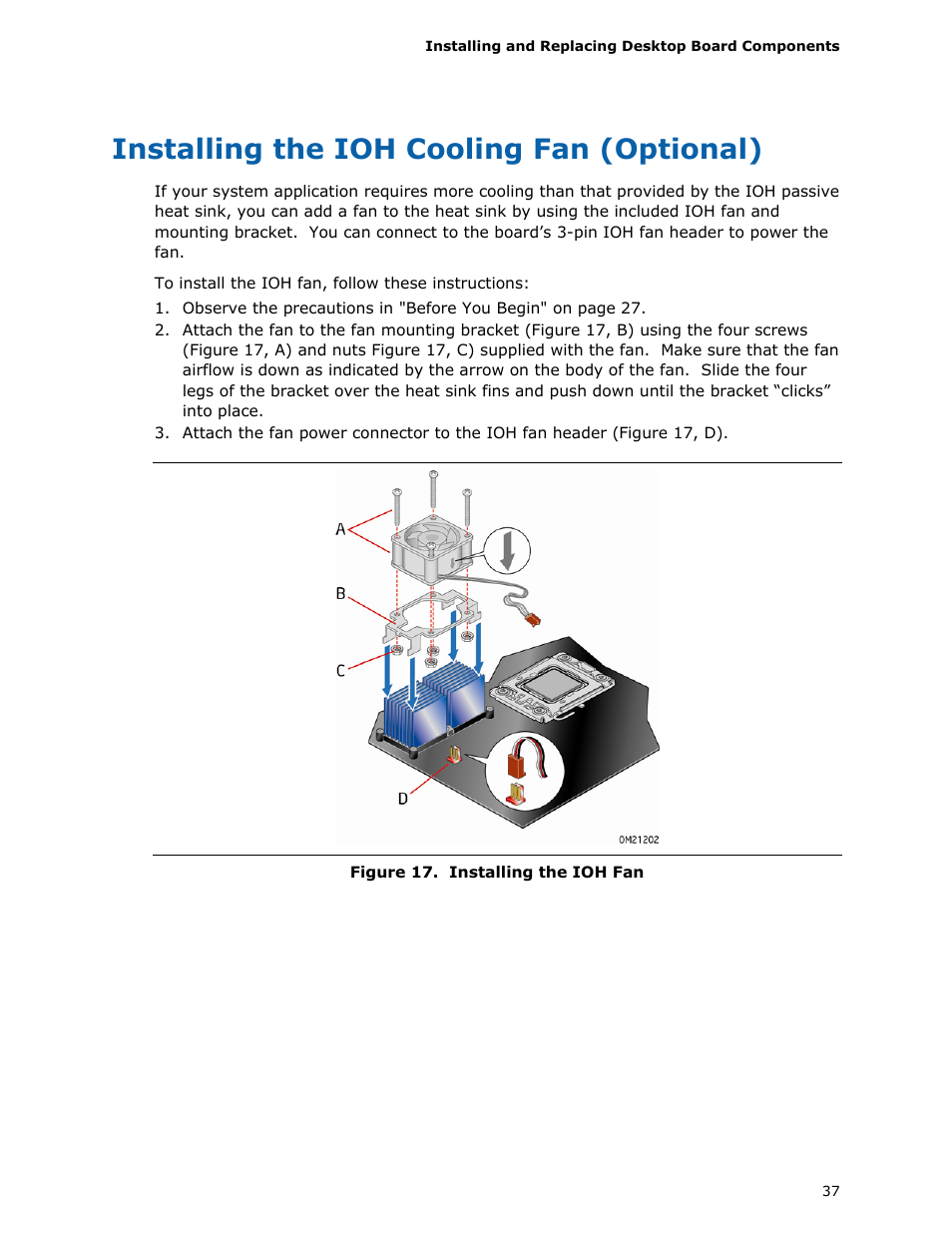 Installing the ioh cooling fan (optional) | Intel DX58SO User Manual | Page 37 / 86