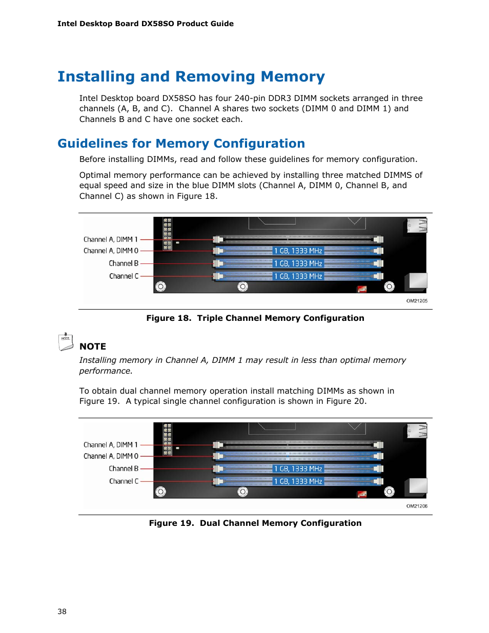 Installing and removing memory, Guidelines for memory configuration | Intel DX58SO User Manual | Page 38 / 86