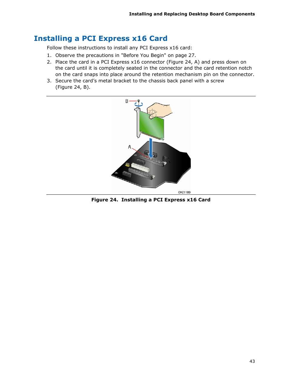 Installing a pci express x16 card | Intel DX58SO User Manual | Page 43 / 86