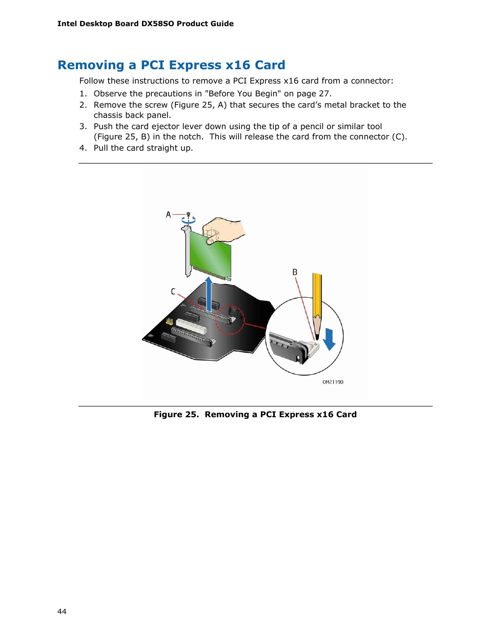 Removing a pci express x16 card | Intel DX58SO User Manual | Page 44 / 86