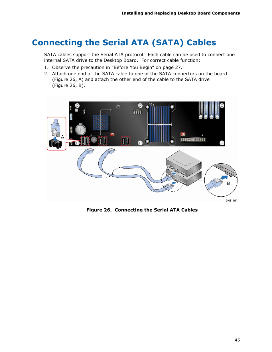 Connecting the serial ata (sata) cables | Intel DX58SO User Manual | Page 45 / 86