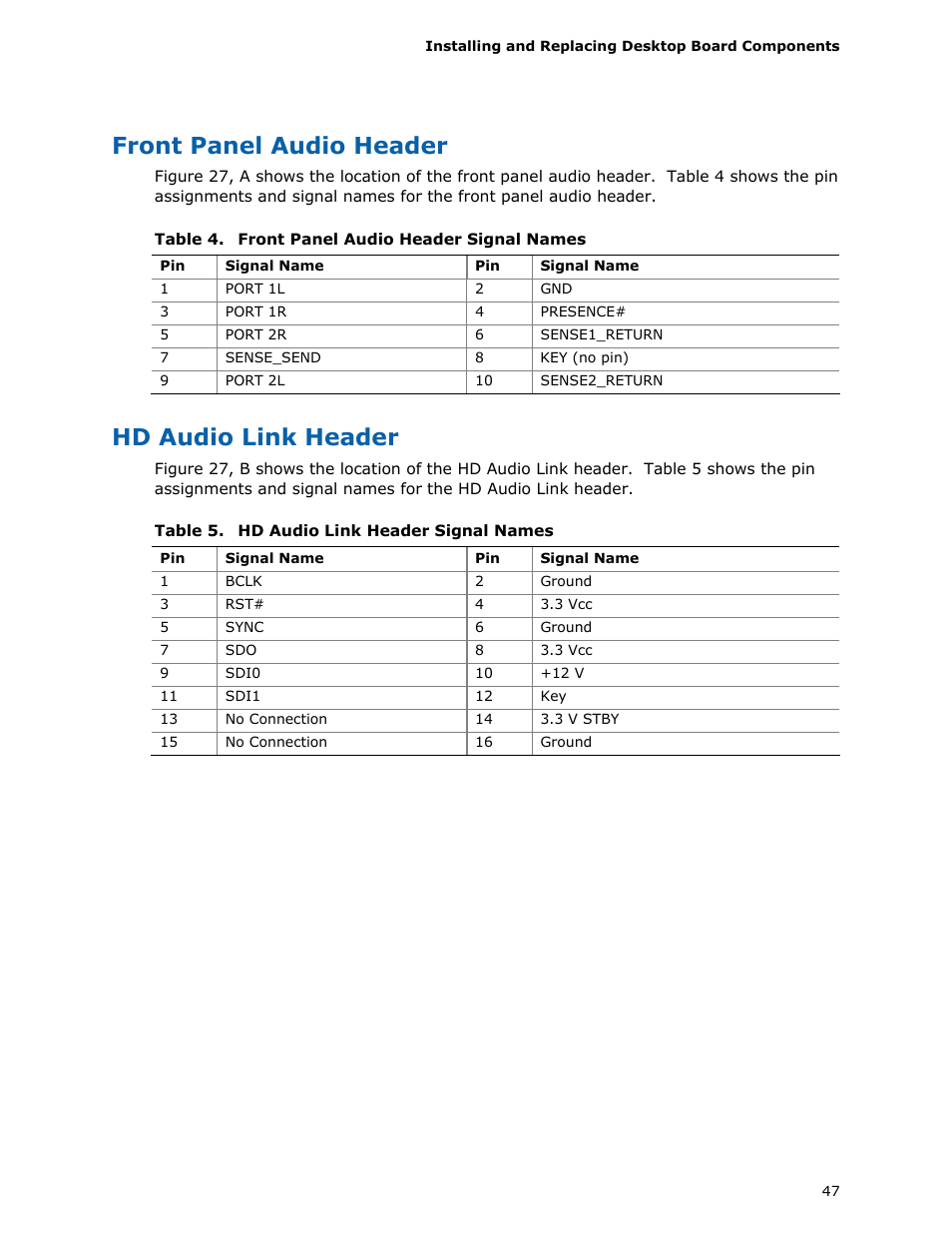 Front panel audio header, Hd audio link header | Intel DX58SO User Manual | Page 47 / 86