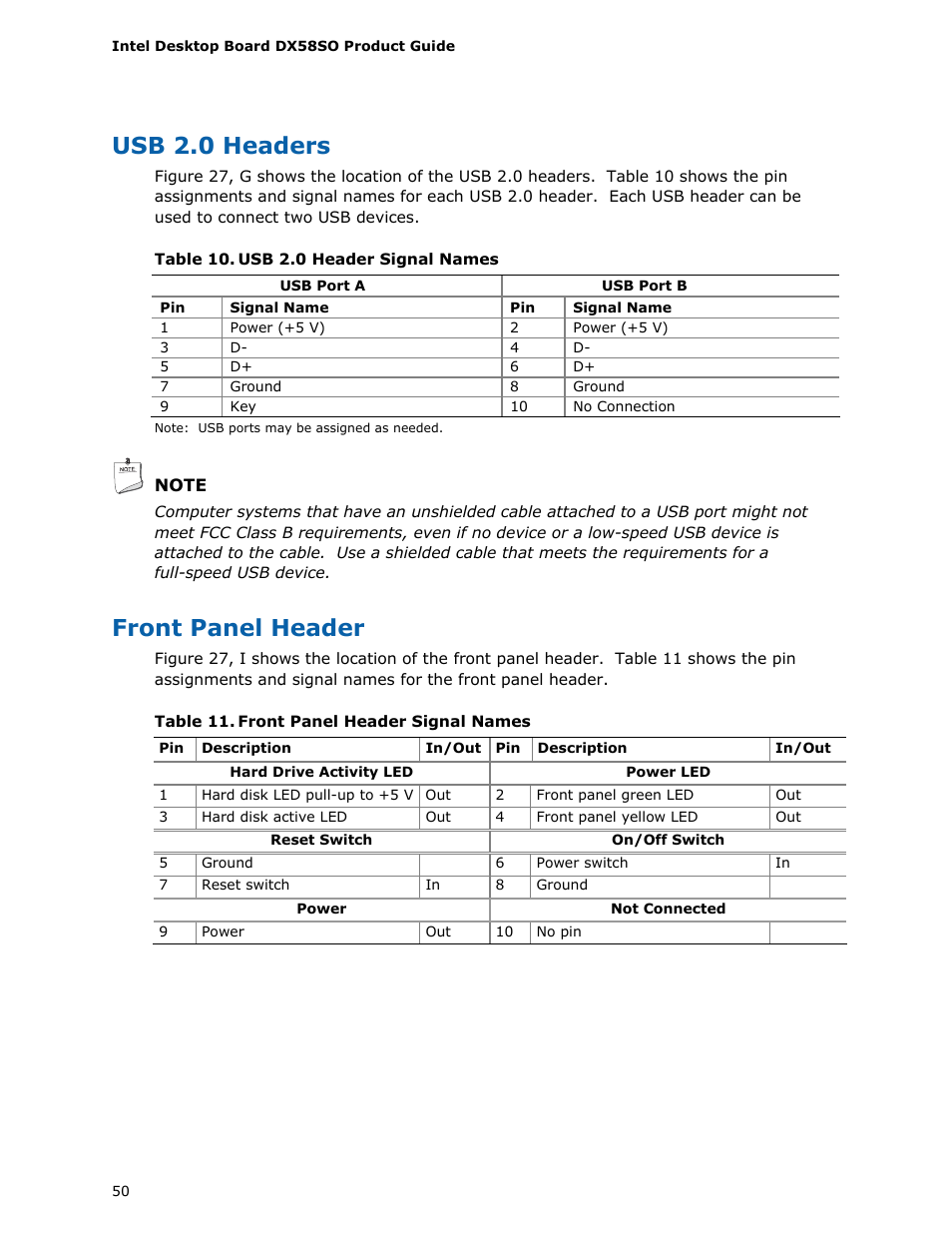 Usb 2.0 headers, Front panel header | Intel DX58SO User Manual | Page 50 / 86