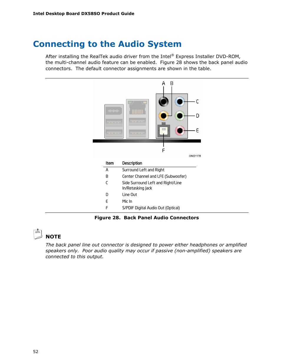 Connecting to the audio system, Figure 28 o | Intel DX58SO User Manual | Page 52 / 86