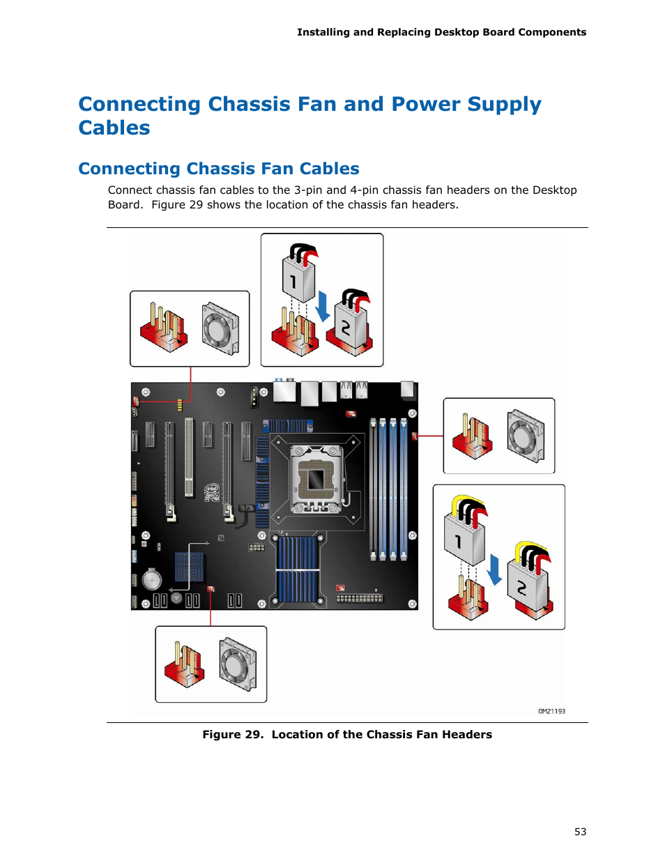 Connecting chassis fan and power supply cables, Connecting chassis fan cables | Intel DX58SO User Manual | Page 53 / 86