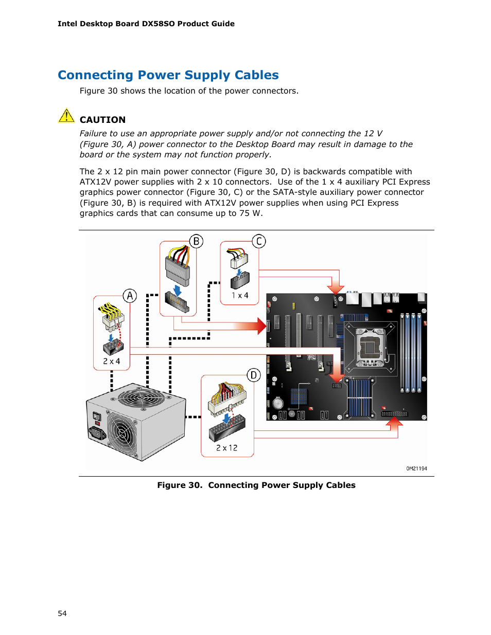 Connecting power supply cables | Intel DX58SO User Manual | Page 54 / 86