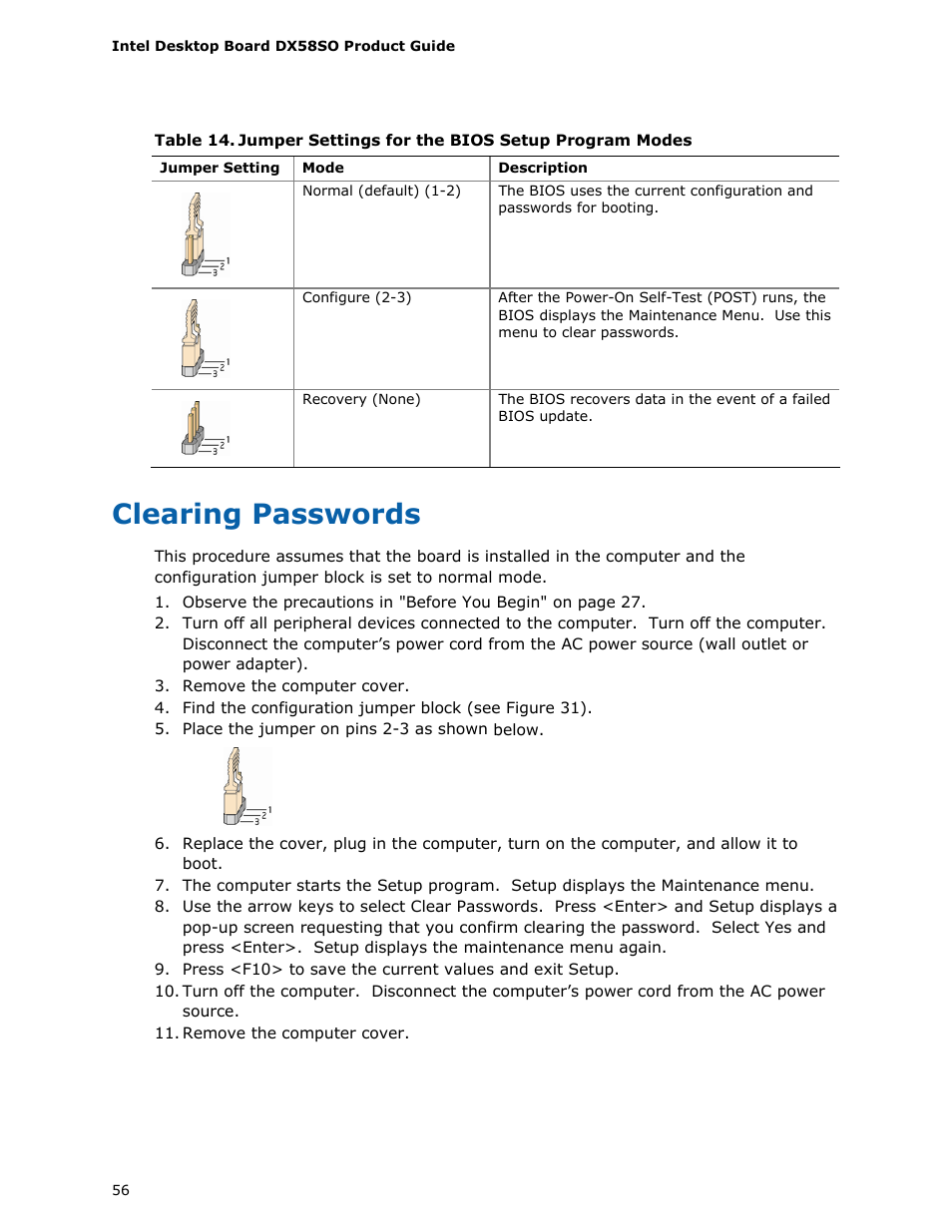 Clearing passwords | Intel DX58SO User Manual | Page 56 / 86