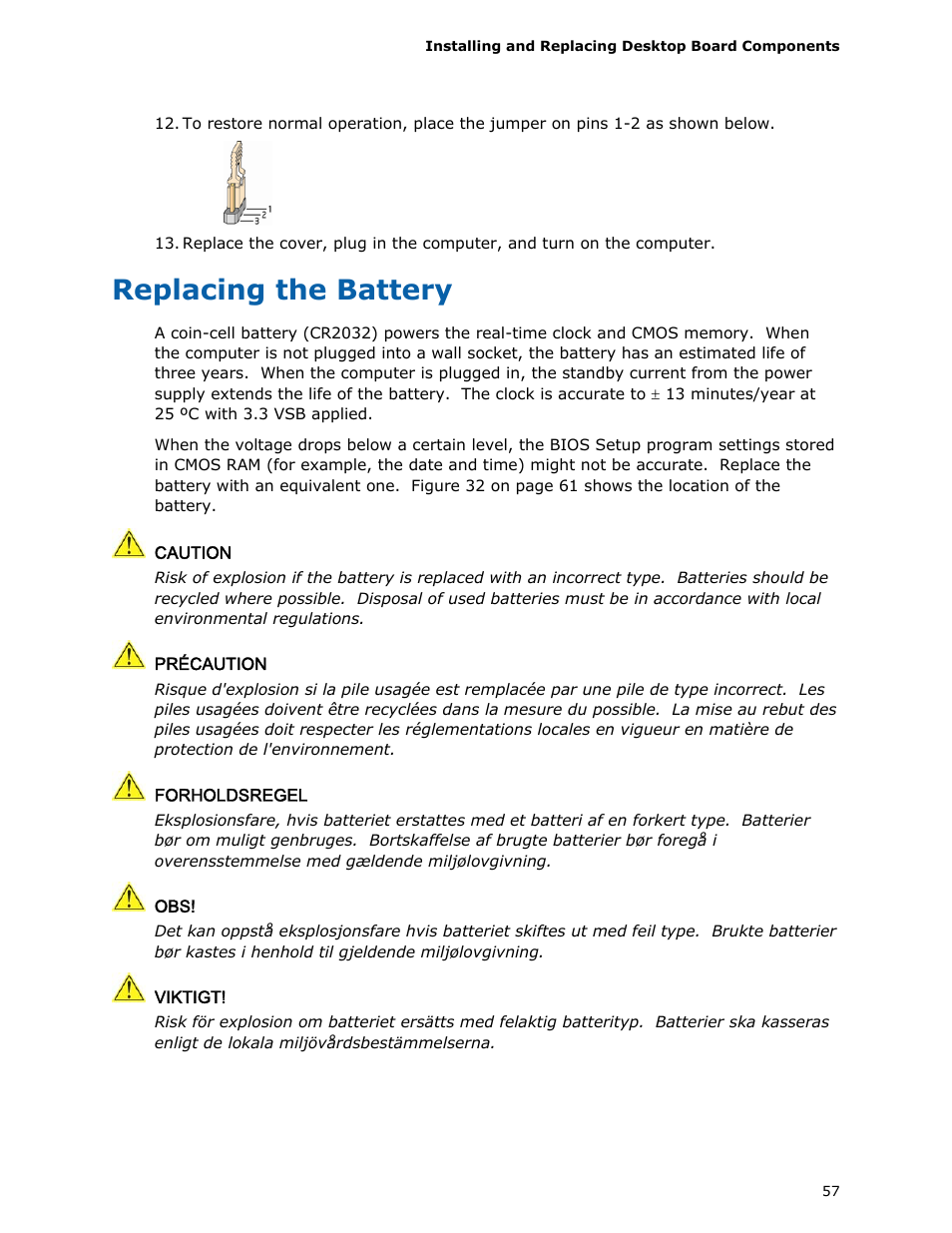 Replacing the battery | Intel DX58SO User Manual | Page 57 / 86