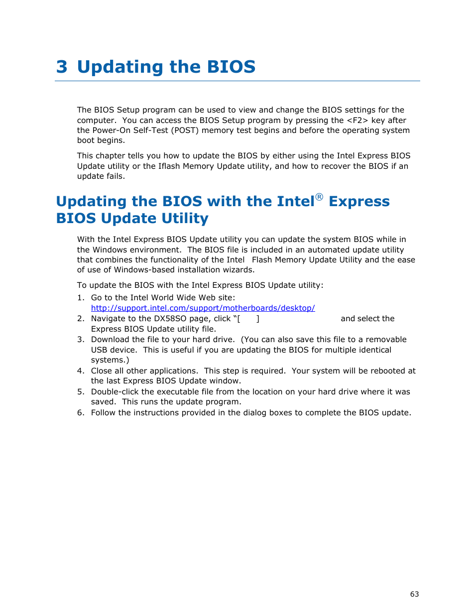 3 updating the bios, Updating the bios with the intel, Express bios update utility | Intel DX58SO User Manual | Page 63 / 86