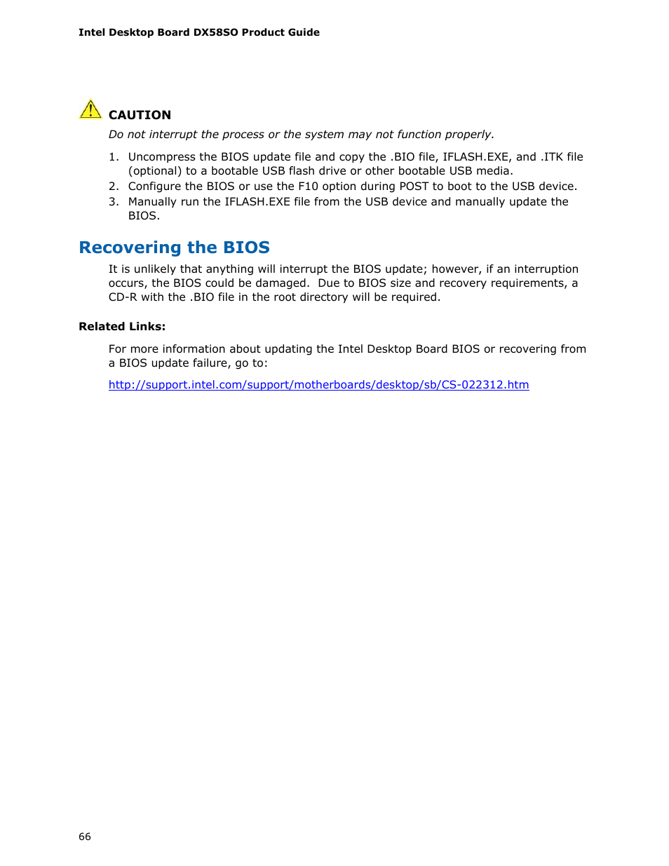 Recovering the bios | Intel DX58SO User Manual | Page 66 / 86