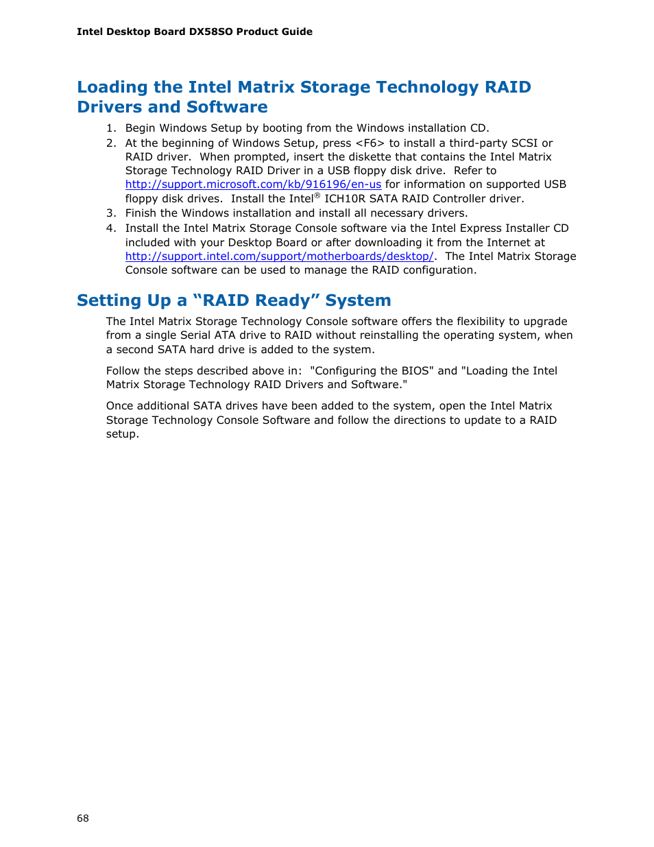 Setting up a “raid ready” system | Intel DX58SO User Manual | Page 68 / 86