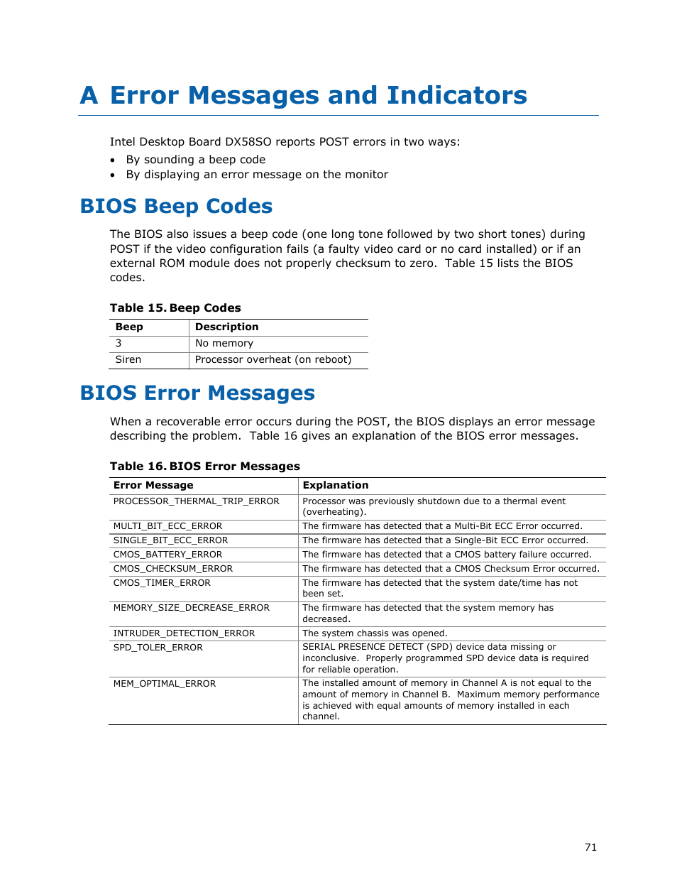 A error messages and indicators, Bios beep codes, Bios error messages | Intel DX58SO User Manual | Page 71 / 86