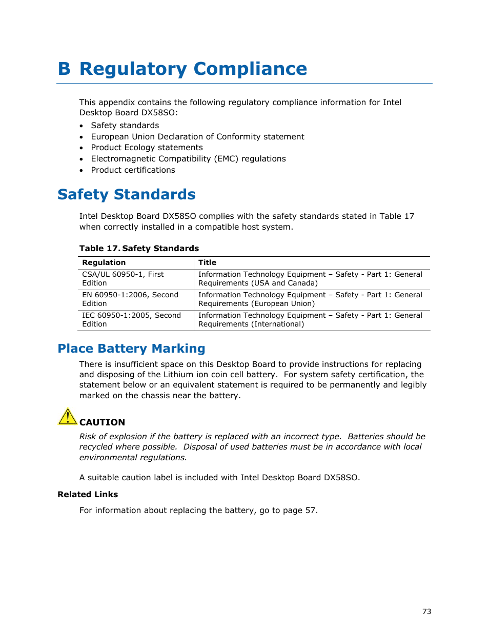 B regulatory compliance, Safety standards, Place battery marking | Intel DX58SO User Manual | Page 73 / 86