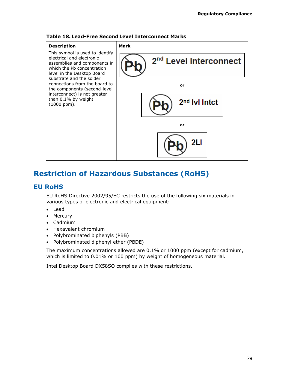 Restriction of hazardous substances (rohs), Eu rohs | Intel DX58SO User Manual | Page 79 / 86