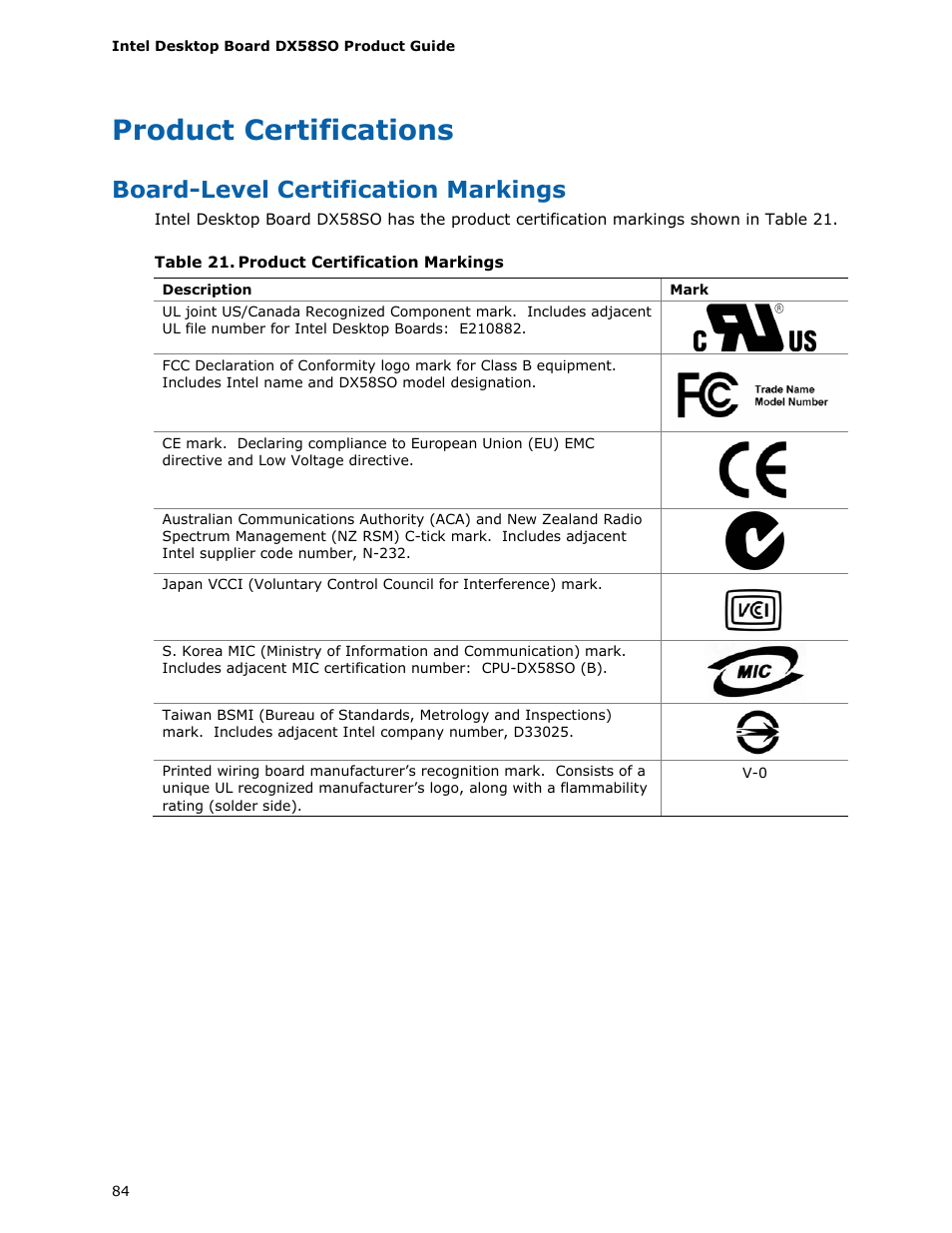 Product certifications, Board-level certification markings | Intel DX58SO User Manual | Page 84 / 86