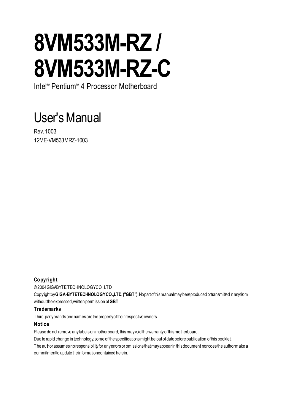 Intel 8VM533M-RZ-C User Manual | 36 pages