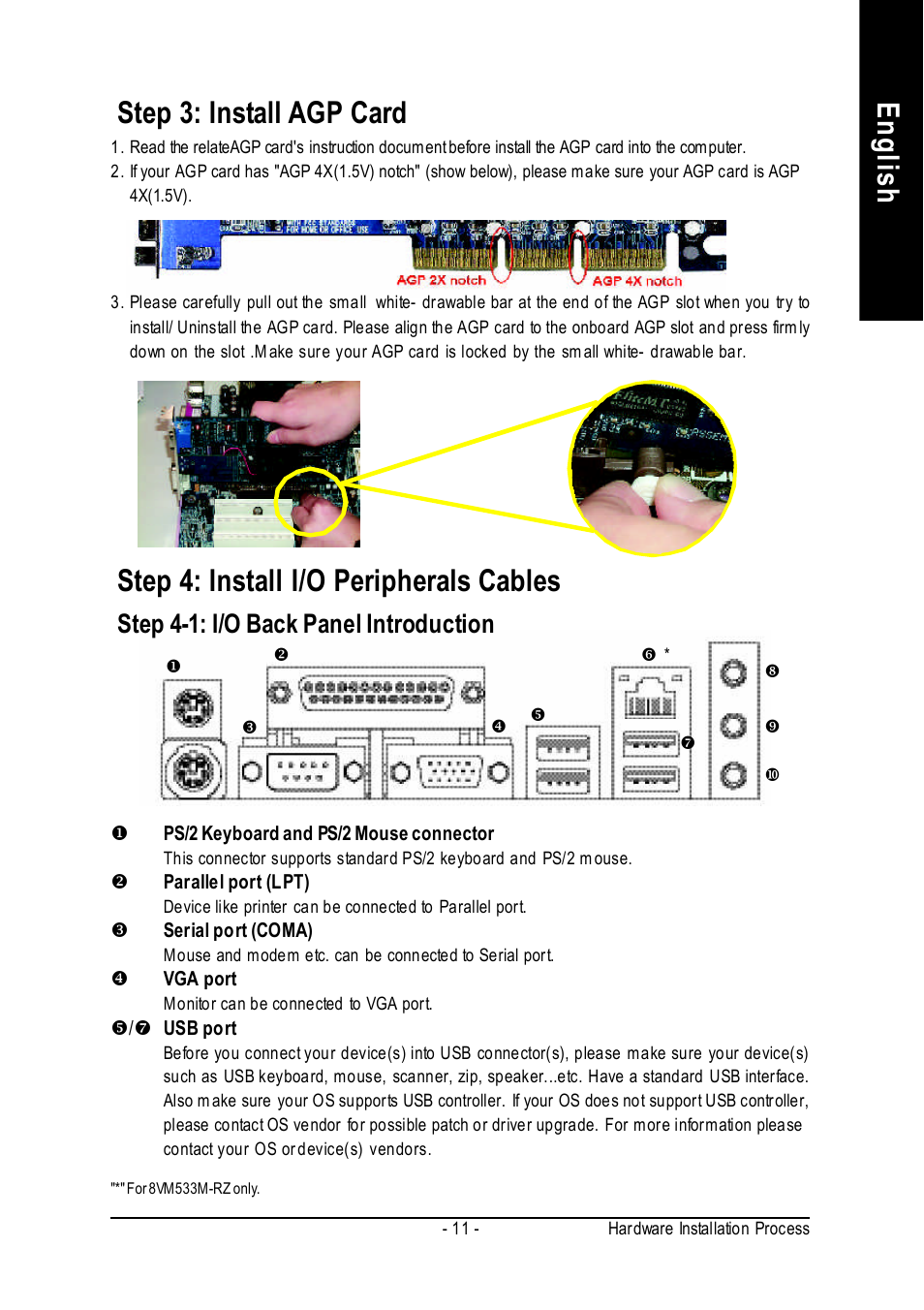 English, Step 3: install agp card, Step 4: install i/o peripherals cables | Step 4-1: i/o back panel introduction | Intel 8VM533M-RZ-C User Manual | Page 11 / 36