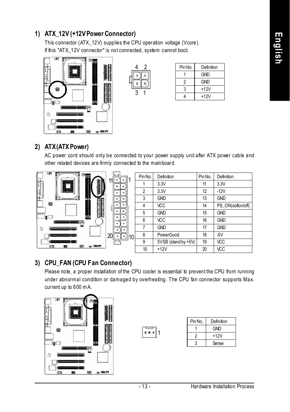 English, 2) atx (atx power), 3) cpu_fan (cpu fan connector) | Intel 8VM533M-RZ-C User Manual | Page 13 / 36