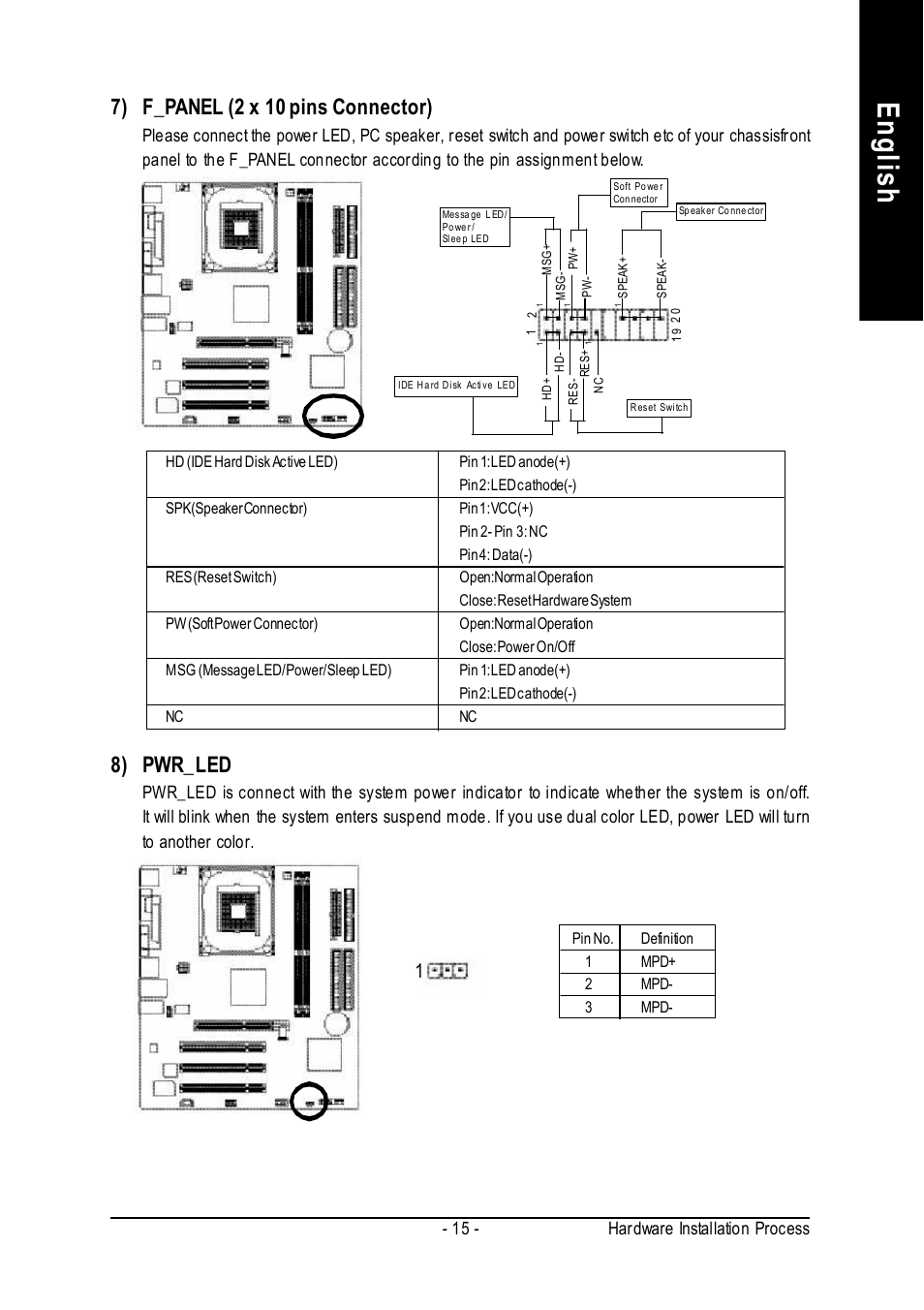 English, 8) pwr_led, 7) f_panel (2 x 10 pins connector) | 15 - hardware installation process | Intel 8VM533M-RZ-C User Manual | Page 15 / 36