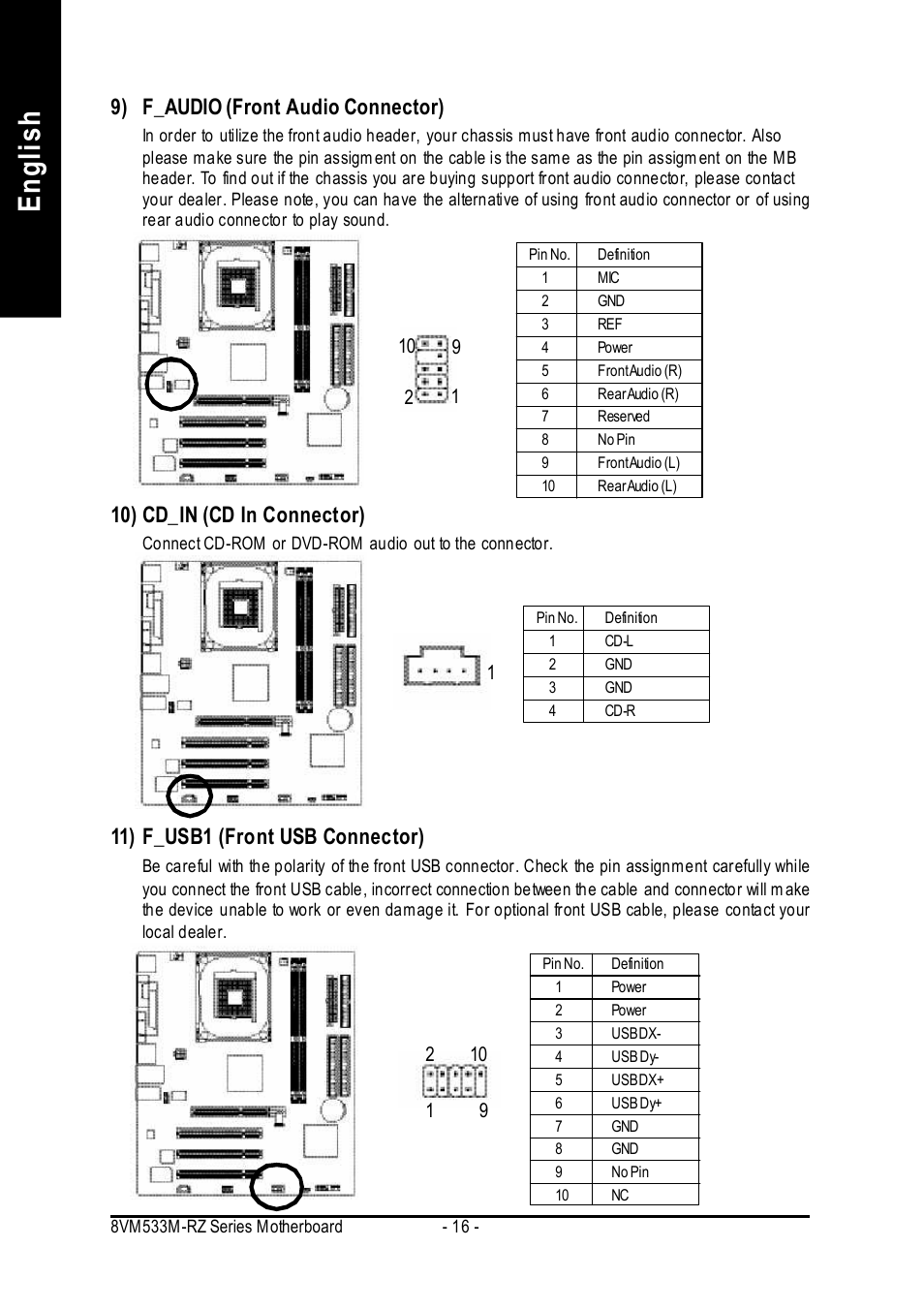 English, 9) f_audio (front audio connector), 10) cd_in (cd in connector) | 11) f_usb1 (front usb connector) | Intel 8VM533M-RZ-C User Manual | Page 16 / 36