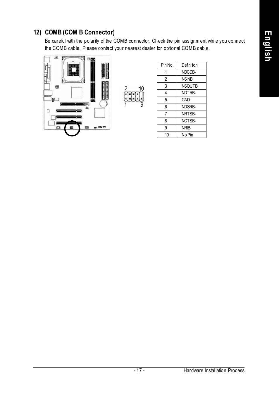 English, 12) comb (com b connector) | Intel 8VM533M-RZ-C User Manual | Page 17 / 36