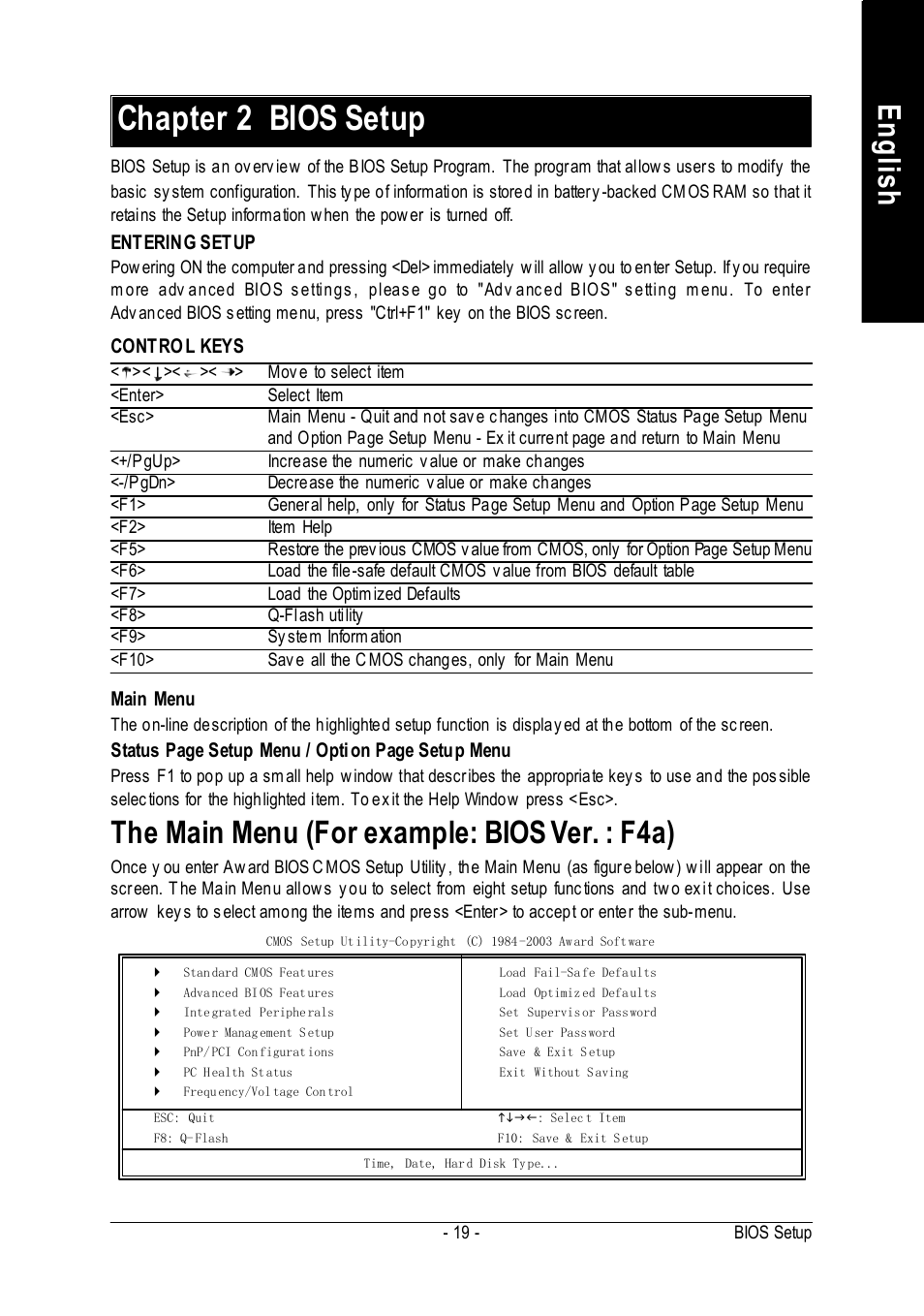 Chapter 2 bios setup, English, The main menu (for example: bios ver. : f4a) | Intel 8VM533M-RZ-C User Manual | Page 19 / 36