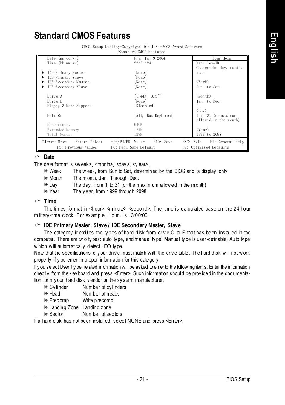 English standard cmos features, Date, Time | Intel 8VM533M-RZ-C User Manual | Page 21 / 36