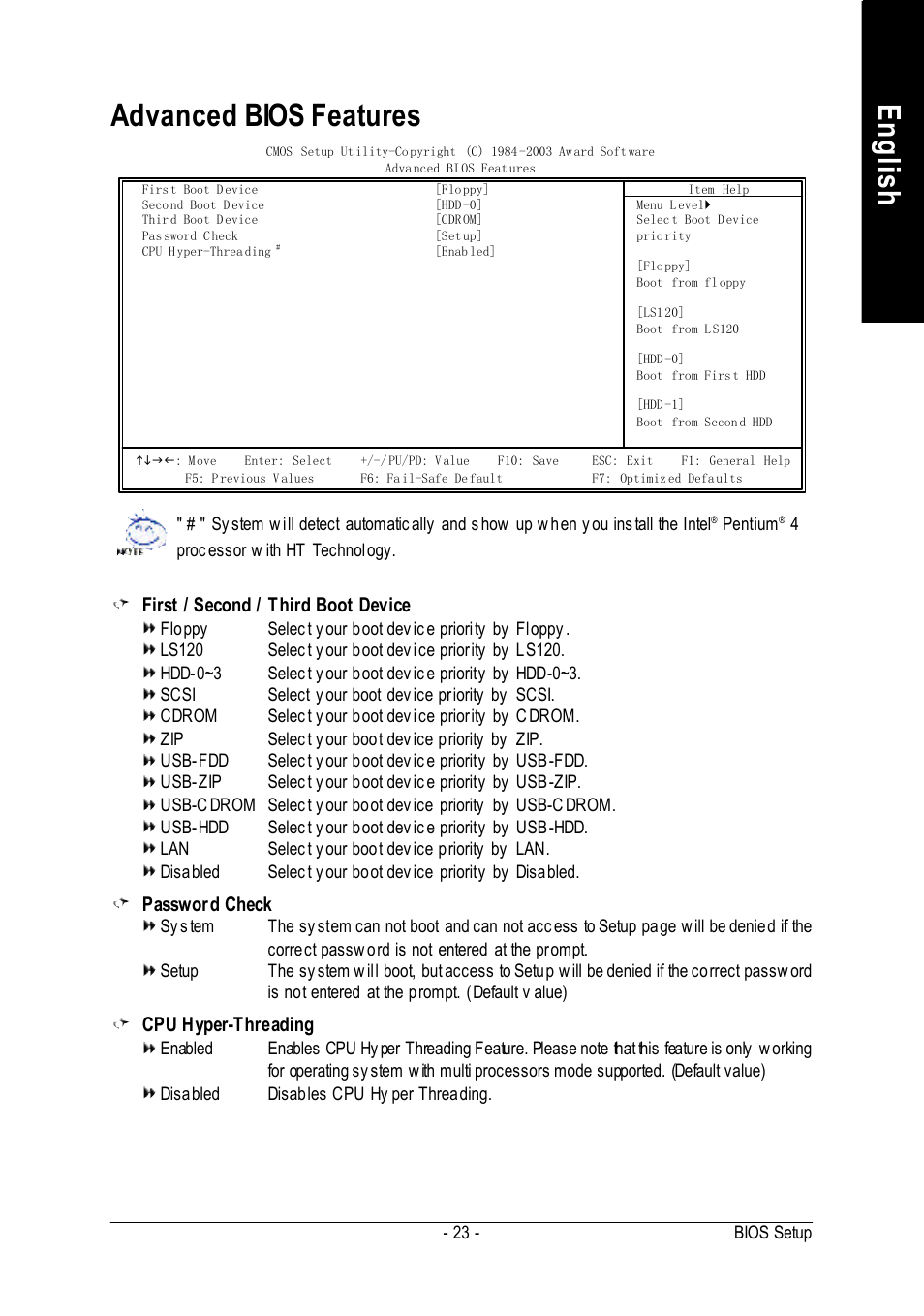 English advanced bios features, First / second / third boot device, Password check | Cpu hyper-threading | Intel 8VM533M-RZ-C User Manual | Page 23 / 36