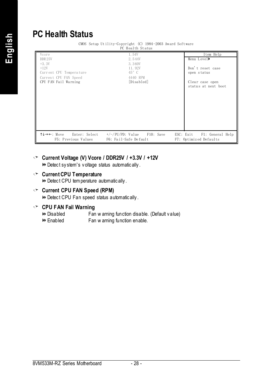 English pc health status, Current cpu temperature, Current cpu fan speed (rpm) | Cpu fan fail warning | Intel 8VM533M-RZ-C User Manual | Page 28 / 36