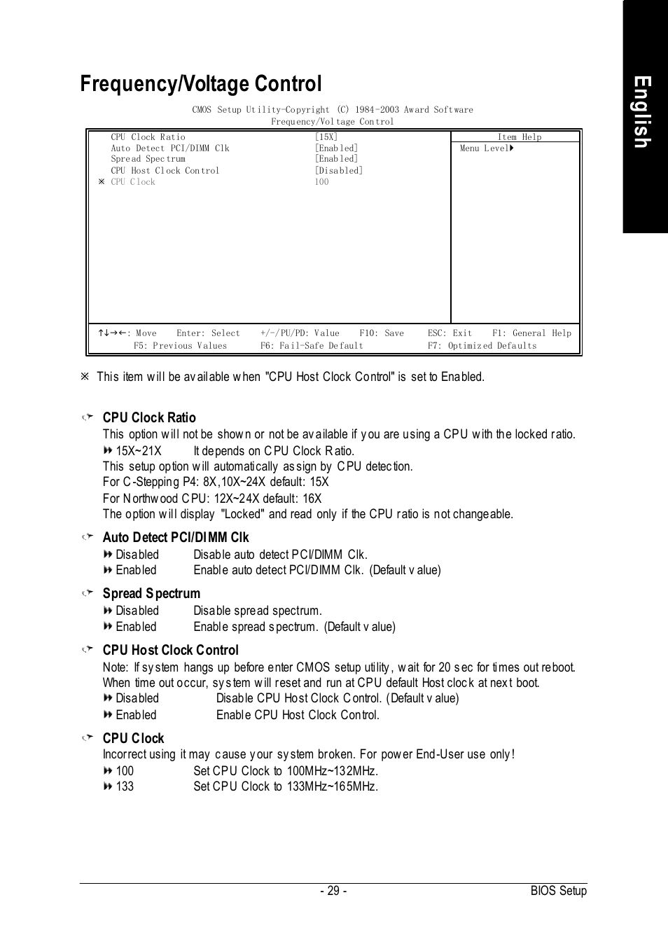 English frequency/voltage control, Cpu clock ratio, Auto detect pci/dimm clk | Spread s pectrum, Cpu host clock control, Cpu clock | Intel 8VM533M-RZ-C User Manual | Page 29 / 36