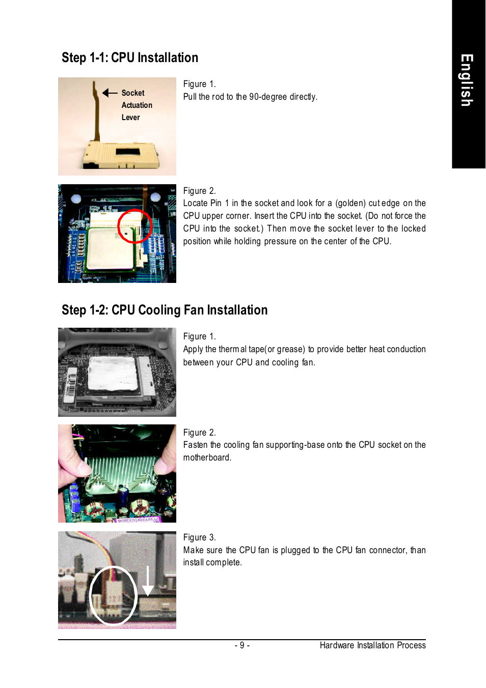 English, Step 1-1: cpu installation, Step 1-2: cpu cooling fan installation | Intel 8VM533M-RZ-C User Manual | Page 9 / 36