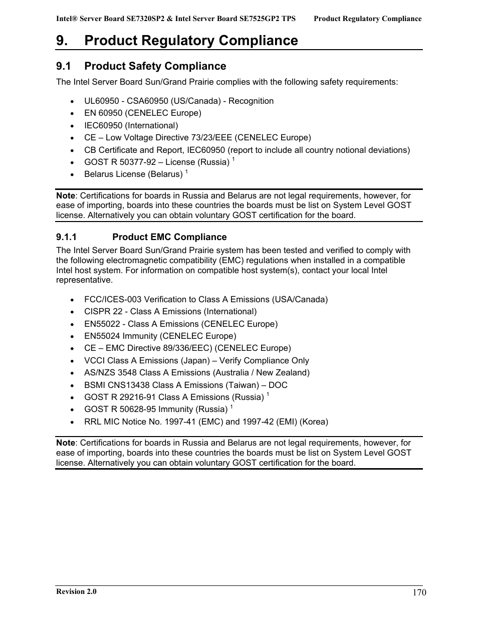 Product regulatory compliance, 1 product safety compliance | Intel SE7525GP2 User Manual | Page 170 / 175