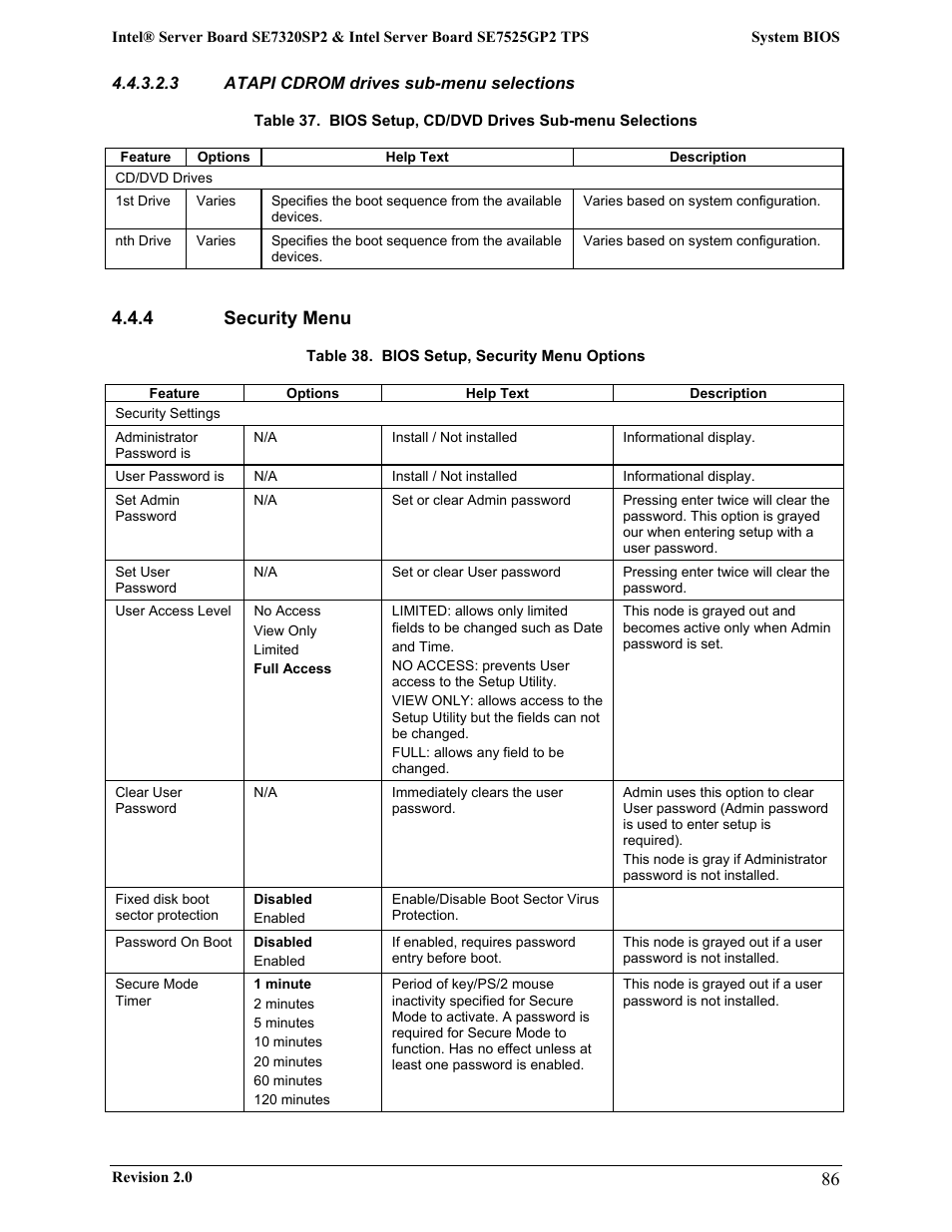4 security menu | Intel SE7525GP2 User Manual | Page 86 / 175