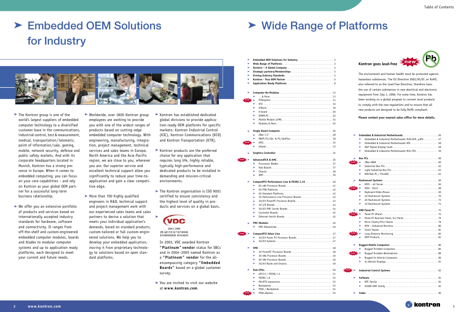 Embedded oem solutions for industry, Wide range of platforms, Table of contents kontron goes lead-free | Embedded appli cation, moving it from | Intel Ethernet Switch Boards User Manual | Page 2 / 52