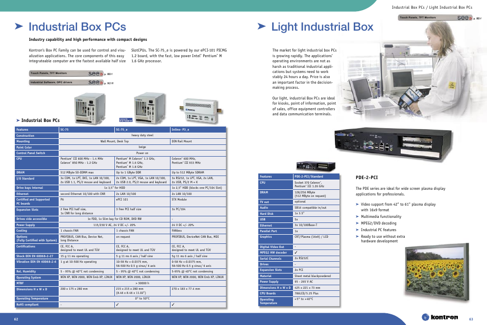 Light industrial box, Pde-2-pci, Industrial box pcs | Multimedia functionality, Mpeg2/dvd decoding, Industrial pc features, Ready to use without extra hardware development, Pentium, Industrial box pcs / light industrial box pcs | Intel Ethernet Switch Boards User Manual | Page 32 / 52