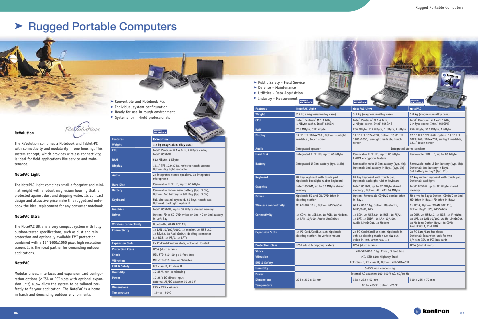 Rugged portable computers, Individual system conﬁ guration, Ready for use in rough environment | Public safety - field service, Defense - maintenance, Utilities - data acquisition, Industry - measurement | Intel Ethernet Switch Boards User Manual | Page 46 / 52