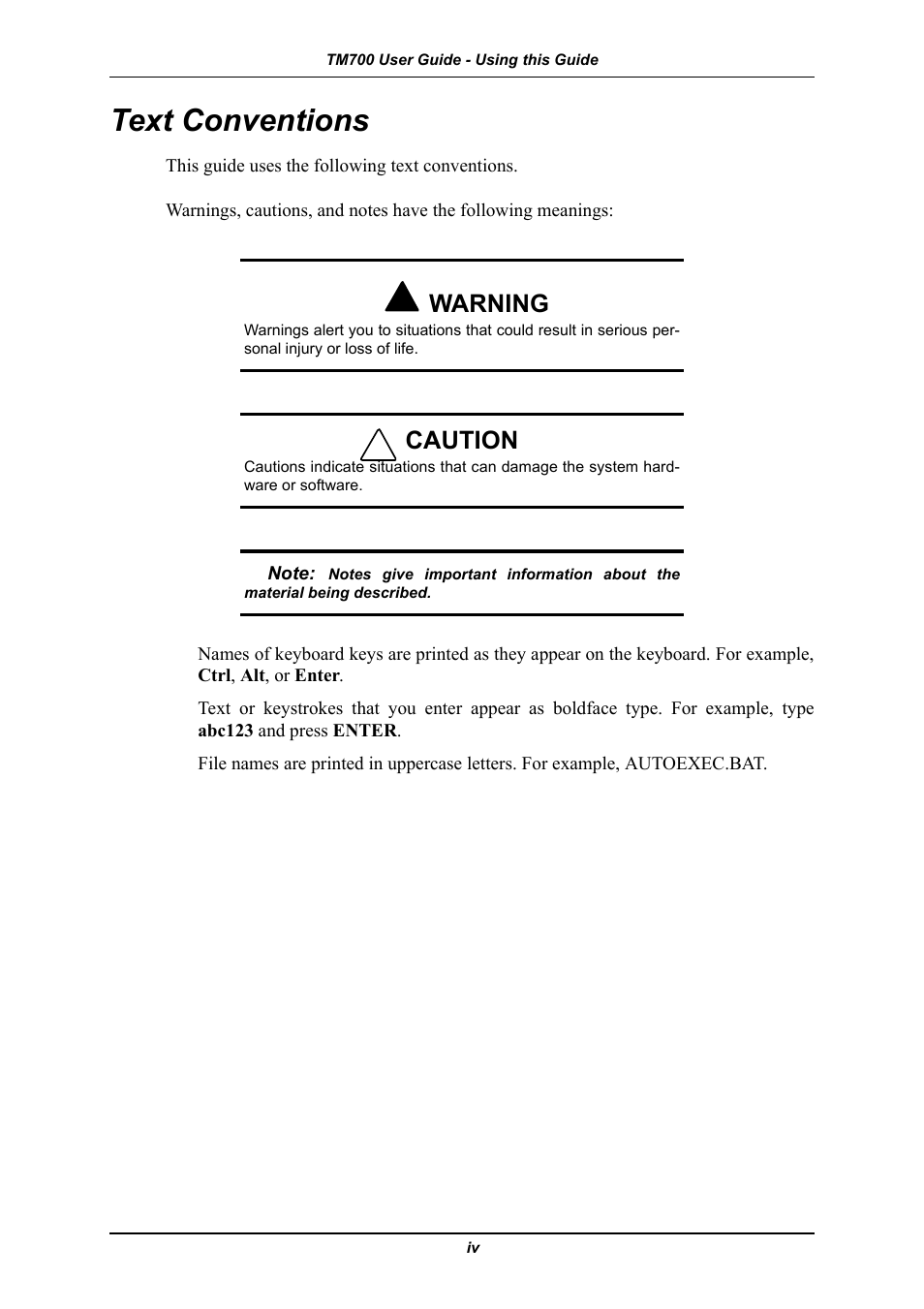 Text conventions, Warning, Caution | Intel Express 5800 TM700 User Manual | Page 10 / 132