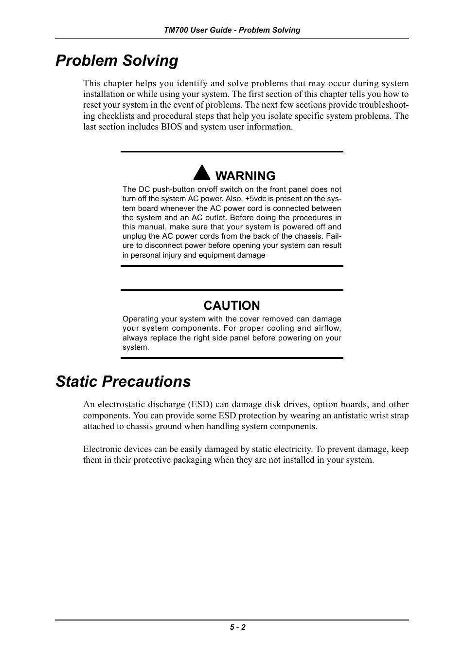 Problem solving, Static precautions, Problem solving -2 static precautions -2 | Warning, Caution | Intel Express 5800 TM700 User Manual | Page 102 / 132