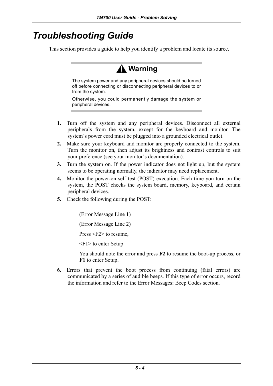 Troubleshooting guide, Troubleshooting guide -4, Warning | Intel Express 5800 TM700 User Manual | Page 104 / 132