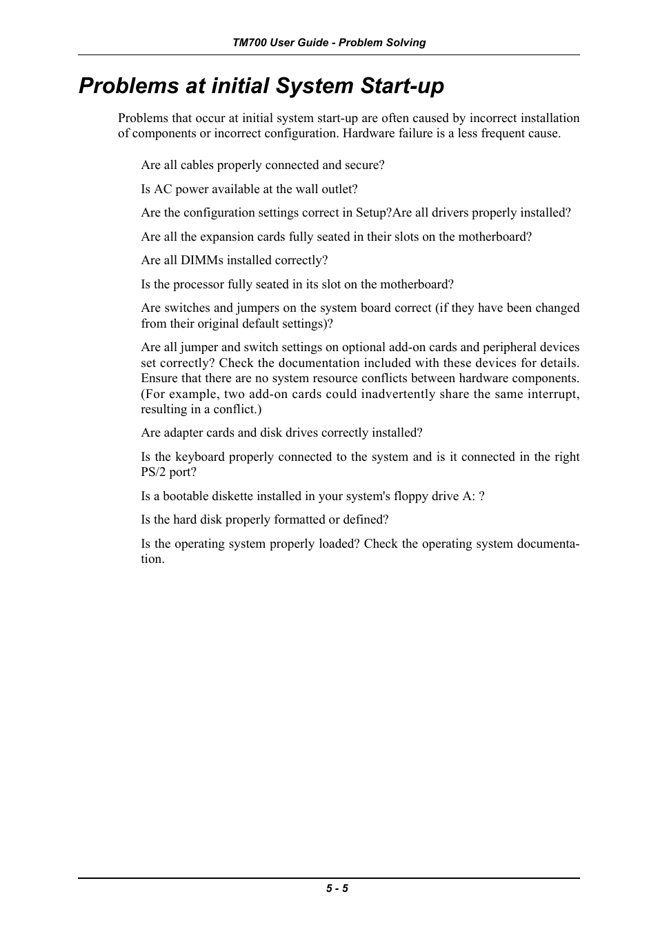 Problems at initial system start-up, Problems at initial system start-up -5 | Intel Express 5800 TM700 User Manual | Page 105 / 132