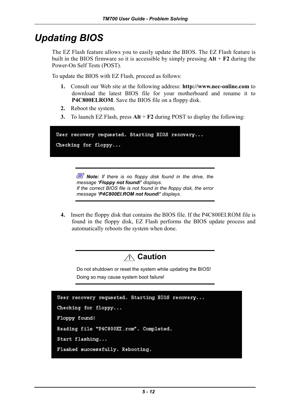 Updating bios, Updating bios -12, Caution | Intel Express 5800 TM700 User Manual | Page 112 / 132