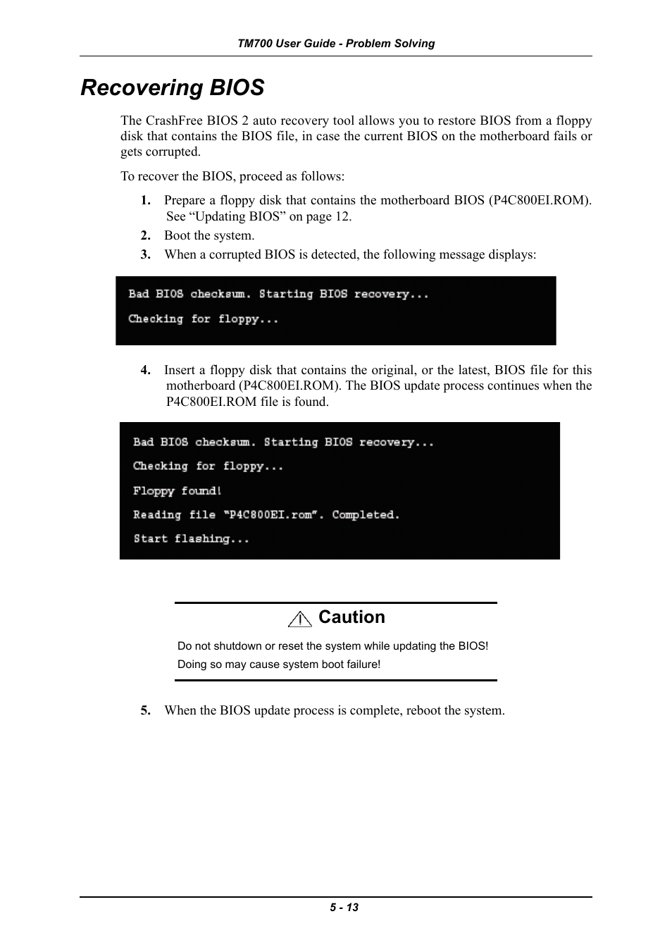 Recovering bios, Recovering bios -13, Caution | Intel Express 5800 TM700 User Manual | Page 113 / 132