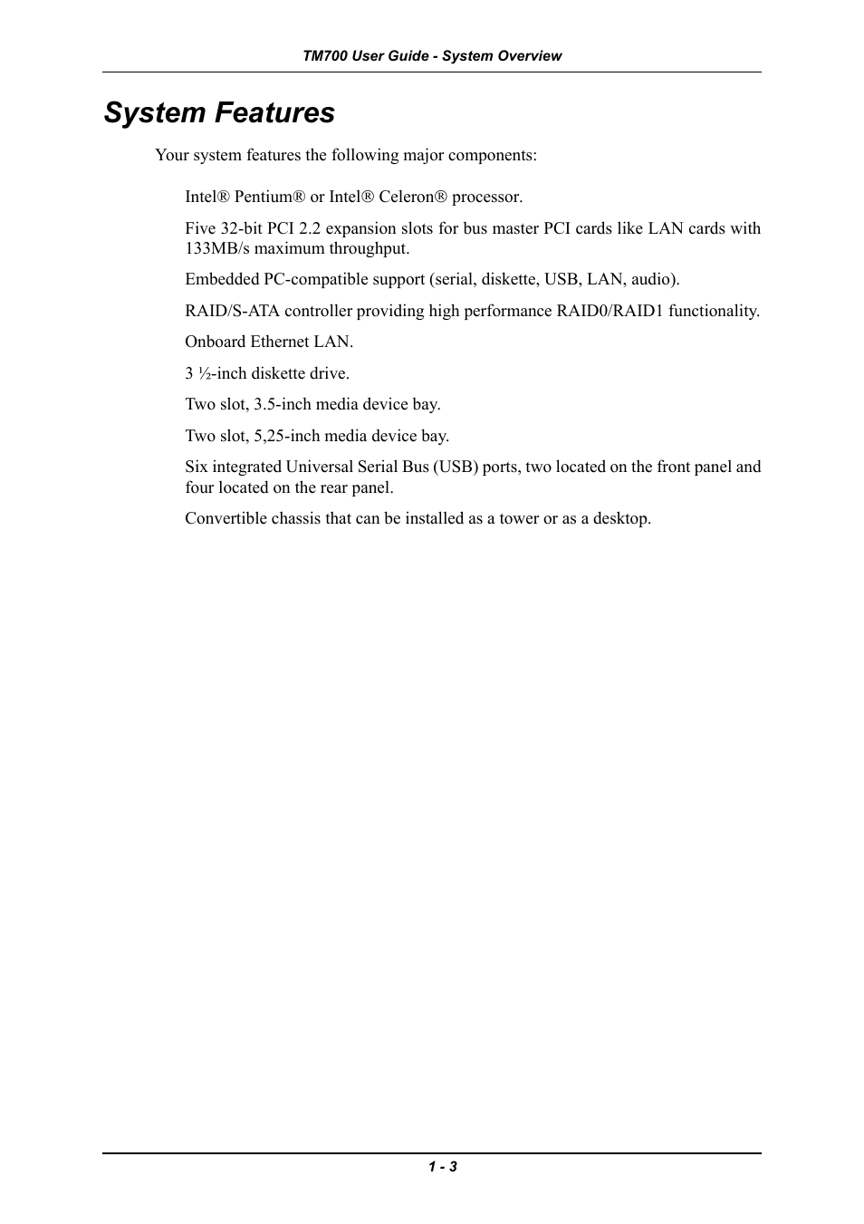 System features, System features -3 | Intel Express 5800 TM700 User Manual | Page 17 / 132
