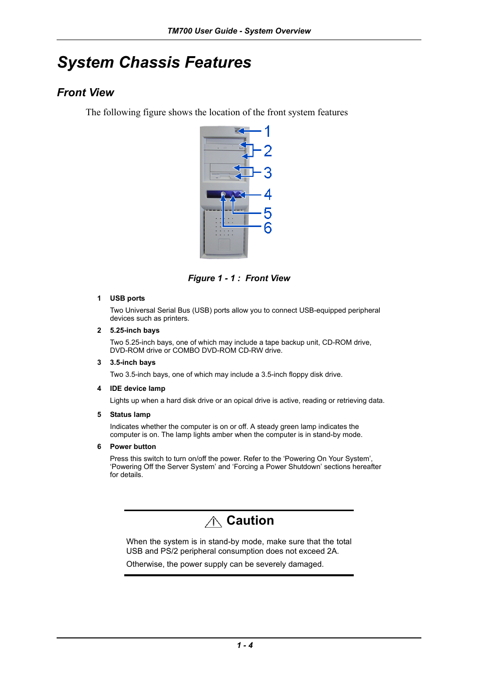 System chassis features, Front view, System chassis features -4 | Front view -4, Caution | Intel Express 5800 TM700 User Manual | Page 18 / 132
