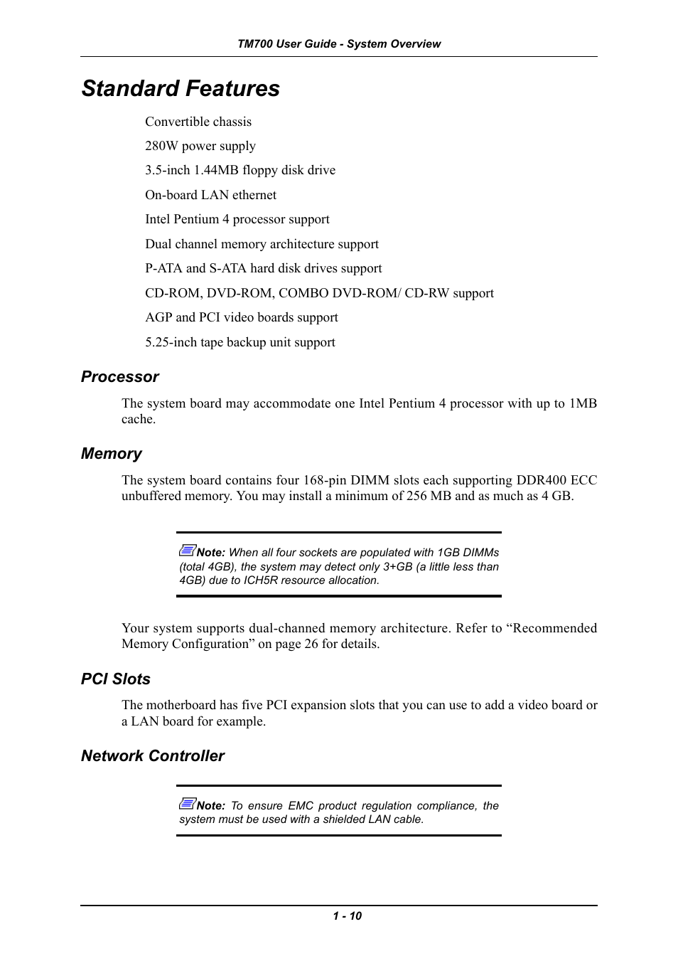 Standard features, Pci slots, Standard features -10 | Pci slots -10 | Intel Express 5800 TM700 User Manual | Page 24 / 132
