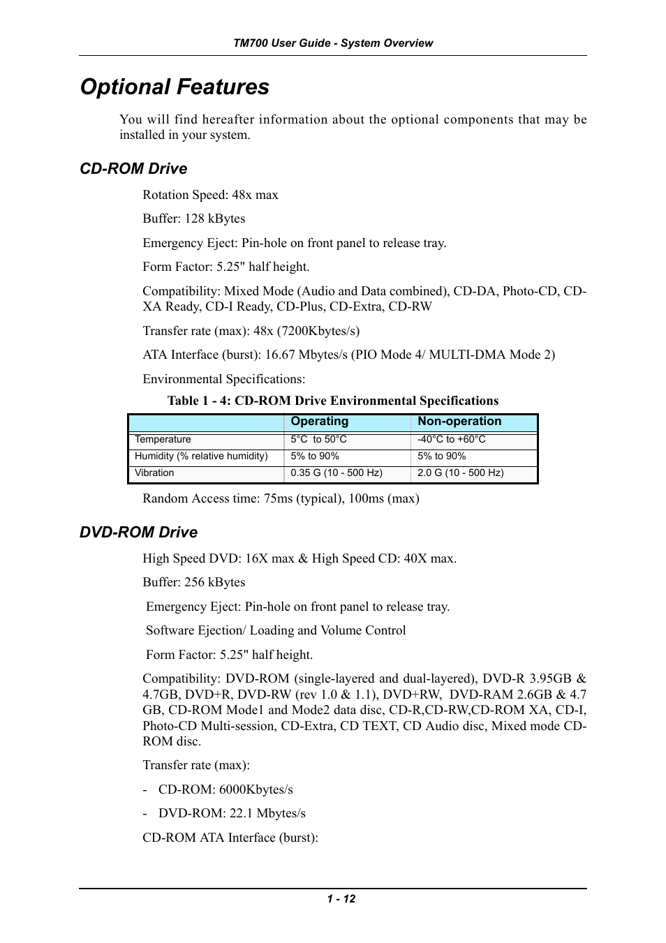 Optional features, Cd-rom drive, Dvd-rom drive | Optional features -12, Cd-rom drive -12 dvd-rom drive -12 | Intel Express 5800 TM700 User Manual | Page 26 / 132