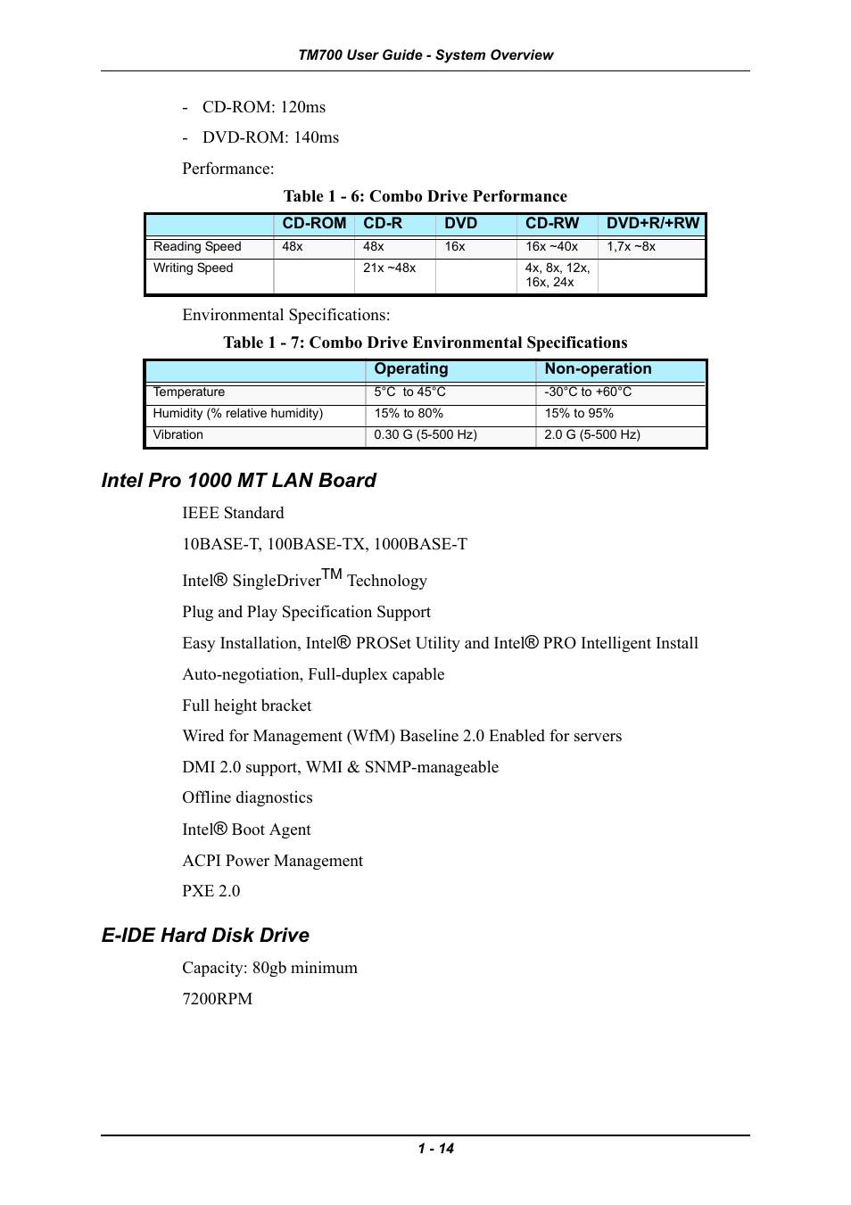 Intel pro 1000 mt lan board, E-ide hard disk drive | Intel Express 5800 TM700 User Manual | Page 28 / 132